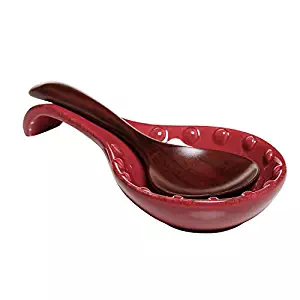 Decorative Kitchen Stove & Counter Top Red Ceramic Spoon Rest/Cooking Utensil Holder with Handle