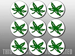 MAGNET Sheet of 9: 1.25 inch Round Buckeye Helmet Stickers (Ohio Leaf State Cell Logo) Magnetic vinyl bumper sticker sticks to any metal fridge, car, signs