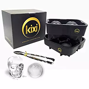 3D Skull Ice Mold Silicone Tray, Makes Four Giant Skulls, Large Flexible Round Ice Ball Spheres Molds Trays Makers with Ice Tong for Whiskey Cocktails Holiday Gifts - 2 Pack Black
