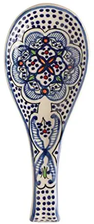spoon holder Spoon Rest Ceramic Blue and white Hand crafted and Hand Painted Northern African Design .