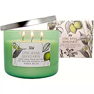 T&H Stress Relief Aromatherapy Candles 3 Wick Pure Soy Wax Scented Candle 80 Hour Burn Long Lasting 16 Ounce Handmade Glass (Lime Basil Mandarin)