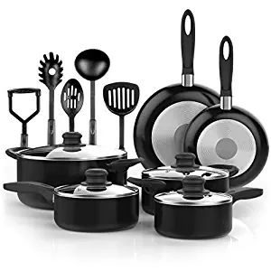 Vremi 15 Piece Nonstick Cookware Set; 2 Saucepans and 2 Dutch Ovens with Glass Lids, 2 Fry Pans and 5 Nonstick Cooking Utensils; Oven Safe