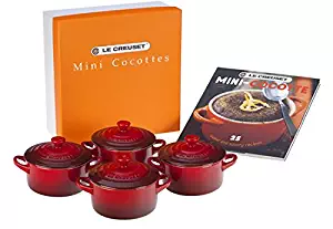 Le Creuset Set of 4 Mini Cocottes with Cookbook, Cerise (Cherry Red)