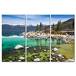 Canvas Print Wall Art Painting For Home Decor Sandy Lake Tahoe Beach With Crystal Clear Turquoise Water And Some Kayakers Rocky Shore In Nevada California United States.Cloud Snow With Sierra Nevada Mountains Rocks Trees In Northwest Twilight 3 Piece Panel Paintings Modern Giclee Stretched And Framed Artwork The Picture For Living Room Decoration Landscape Pictures Photo Prints On Canvas