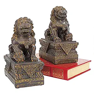 Design Toscano Chinese Guardian Lion Foo Dog Asian Decor Statues, 9 Inch, Set of Two Male and Female, Polyresin, Bronze Finish