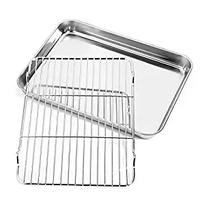 Baking Sheet with Rack Set, Toaster Oven Tray Pan Nonstick Stainless Steel Cookie Sheets with Cooling Rack Baking Pans - Non Toxic, Easy Clean & Dishwasher Safe Rectangle Size 12.5 x 9.5 x 1 inch