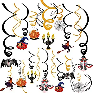 Halloween Party Hanging Swirl,Halloween Party Set 44 Pcs Colorful Ceiling Whirl Streamers Spirals Foil with Bat Witch Skull Spider Ghost Pumpkin Monster Cards Party Supplies for Home Outdoor Decor