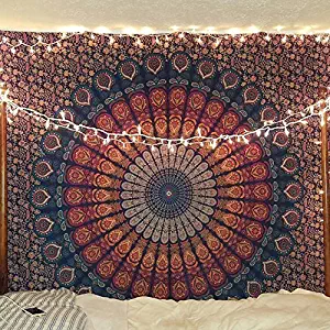 Bless International Indian Hippie Bohemian Psychedelic Peacock Mandala Wall Hanging Bedding Tapestry (Golden Blue, Twin(54x72Inches)(140x185cms))