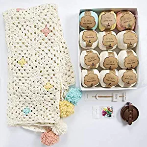 Loren Natural Cotton Blanket Kit with Pattern,12 Balls, Each Ball 85% Cotton, 100g (3.5 oz), 160m (174 yd), Includes 1 Pompom Maker, 20 Stich Markers, 1 Whitewood Crochet Hook 3.5mm (E) (Cream)