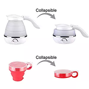 Travel Foldable Electric Kettle Boil Dry Protection Portable Silicone Collapsible Water Kettle with Two Cups,0.5L 110-120V US Plug (White)
