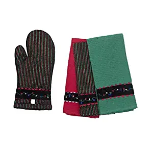 maspar 100% Cotton Holiday Kitchen Dish Towels (18x26) and Oven Mitt 4 Pk Set, Black Red and Green with Metallic Luster, Waffle Embroidery Design, for Christmas and Thanks Giving Everyday Kitchen