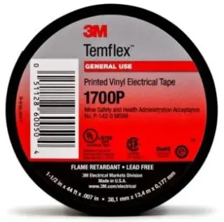 3M Temflex Mining-Grade Vinyl Electrical Tape 1700P, Printed, 3/4 in x 66 ft, Black, 1 roll/Carton