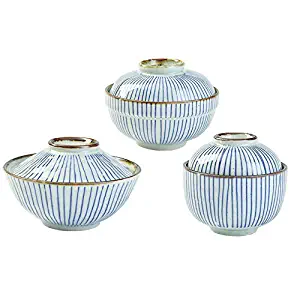 SANFEN 3pcs Ceramic Soup Bowls Set with Lids, 5.9” Vintage Pottery Serving Bowls Blue Bowls in Different Size