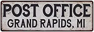 Grand Rapids, Mi Post Office Sign Postal Signs City Rustic Retro Vintage Decor Decorations Rustic Tin Wall Art Plaque Mailman Gift 8 x 24 Matte Finish Metal 108240011112