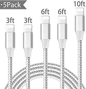 iPhone Charger,Mfi Certified Lightning Cables 5pack 2X3FT 2X6FT 10FT to USB Syncing Data and Nylon Braided Cord Charger for iPhone XS/Max/XR/X/8/6Plus/6S/7Plus/7/8Plus/SE/iPad and More