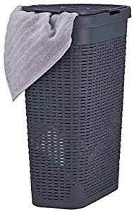 Superio Narrow Laundry Hamper 40 Liter With Easy Lid, Slim and Tall, Grey Durable Wicker Hamper, Washing Bin with Cutout Handles - Dirty Cloths Storage in Bathroom or Bedroom Apartment, Dorms