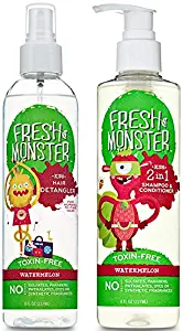 Fresh Monster Toxin-free Hypoallergenic Kids Detangler Spray & 2 in1 Shamoo & Conditioner, Watermelon, 2Count, 8 oz