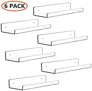 CY craft 15 inch Acrylic Invisible Floating Bookshelf for Kids Room, Modern Picture Ledge Display Toy Storage Wall Shelf 5MM Thick U Shelves Storage Rack,Set of 6