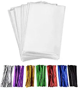 200 Pcs 10 in x 6 in(1.4mil.) Clear Flat Cello Cellophane Treat Bags Good for Bakery, Cookies, Candies ,Dessert with five random color Twist Ties!