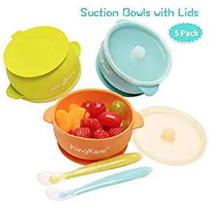 Baby Bowls with Lids, Best Suction Bowls for Baby Toddler self-Feeding, 100% Safe Leak-Proof Silicone Bowl with Lid, Disheasher & Micromave Safe (Orange & Green & Blue)