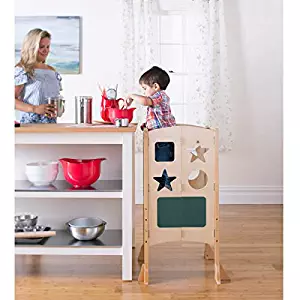Guidecraft Classic Kitchen Helper Stool - Natural: Adjustable Height, Folding Step Stool for Little Kids, Toddler Safety Cooking Tower with Write-on Wipe-Off Message Boards. Learning Furniture