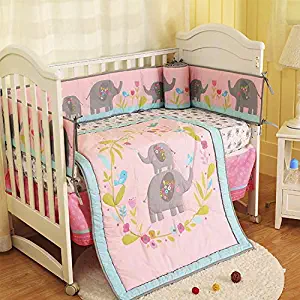 Brandream Baby Girl Crib Bedding Sets with Bumper Pad Pink Floral Nursery Bedding Elephant Family Collection Cradle Set 7 Piece, Baby Shower Gift