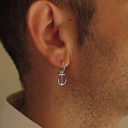 Single Anchor Earring for Men Sterling Silver Hoop Earrings for Him - Mens Symbolic Jewelry Nautical Jewelry