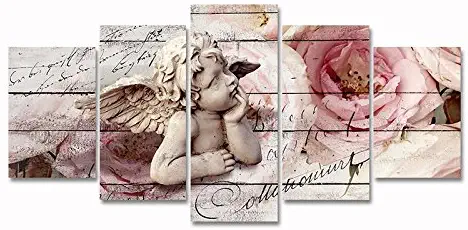 5 Panels Canvas Wall Art Guardian Angel in Blossoming Pink Rose Flower Painting Artwork for Living Room Home Decor