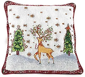 Tache Winter Forest Reindeer Antique Vintage Christmas Eve Snowflakes Holiday Season White Red Decorative Woven Tapestry Cushion Throw Pillow Cover, 16 x 16, 1 Piece