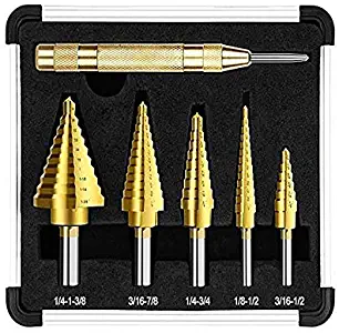 CAIDU 6 Pcs Step Drill Bit Set with Automatic Center Punch& Aluminum Case, High Speed Steel Titanium Cobalt Bits for Metal