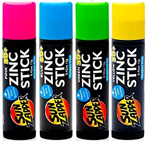 Sun Zapper Zinc Stick SPF 50+ Sunscreen (4 Pack) 0.42 oz stick - Pink Blue Green Yellow