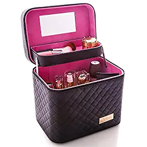 Sooyee Professional Makeup Train Case with Mirror - Cosmetic Studio Box Designed To Fit All Cosmetics Make Up Bag Organizer Train Case for Women (BLACK)