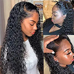 ISEE Hair Mongolian Water Wave Lace Front Wigs Human Hair for Black Women 150% Density Wet and Wavy Water Wave Human Hair Wigs with Baby Hair Pre Plucked Bleached Knots Natural Black Color（16inch）
