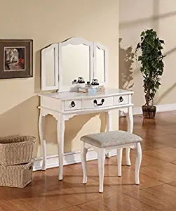 Poundex Bobkona Susana Tri-fold Mirror Vanity Table with Stool Set, White