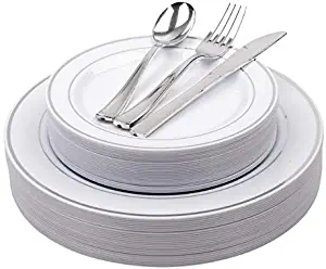 25 Heavyweight Elegant Plastic Disposable Place Settings: 25 Dinner Plates, 25 Salad or Dessert Plates & 25 Polished Silver Plastic Forks Knives & Spoons