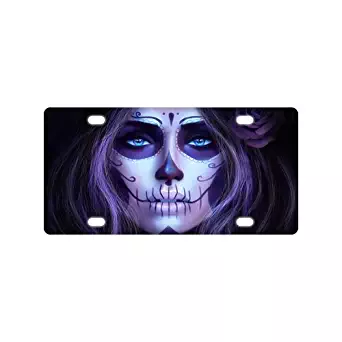 Best Personalized Custom Abstract Sugar Skull Girl Makeup Rose Blue Eyes Metal License Plate for Car Tag Fashion Durable Novelty License Plate 12" X 6"
