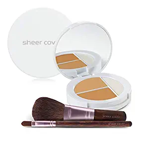 Sheer Cover Studio – Starter Face Kit – Perfect Shade Mineral Foundation – Conceal & Brighten Highlight Trio – with FREE Foundation Brush and Concealer Brush – Tan Shade – 4 Pieces