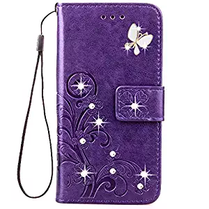 HAOTP Beauty 3D Handmade Crystal Rhinestone Butterfly Floral Lucky Flowers PU Flip Stand Credit Card ID Holders Wallet Leather Case for Samsung Galaxy J7 Sky Pro / J7 2017 / J7 Prime Bling/Purple