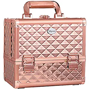 Joligrace Makeup Train Case Cosmetic Box 10 Inches Jewelry Organizer Professional 3 Tiers Trays with Mirror and Brush Holder Lockable Key Portable Travel - Rose Gold