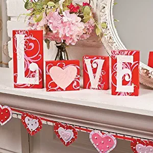 Love Blocks Wooden V-day Gift Table Top Decoration Home Accent Red Pink White Scrolls Heart Shape Design Romantic Sign L O V E Words Valentine's Day Decor (Original Version)