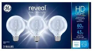 GE Reveal 43-Watt EQ G25 Dimmable 76101 Color-Enhancing Globe Decorative Halogen Light Bulb (3-Pack) re Light Bulbs 42686