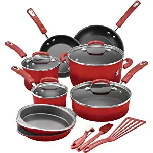 Rachael Ray 15-Piece Hard Enamel Nonstick Cookware Set, Red