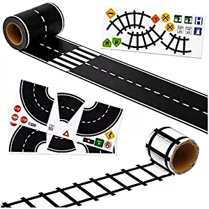 Imaginative Road Tape, Adhesive Train Tracks with Traffic Signs and Curved Roads. 57 feet of Fun for Kids of All Ages. 3 inch Wide Road. let Them Learn and Imagine While Playing.
