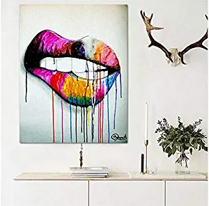 Faicai Art Sexy Colorful Lips Street Art Canvas Prints Wall Art Pop Art Abstract Paintings Posters Modern Wall Decor Pictures for Home Decor Living Room Bedroom Bathroom Office Wooden Framed 24