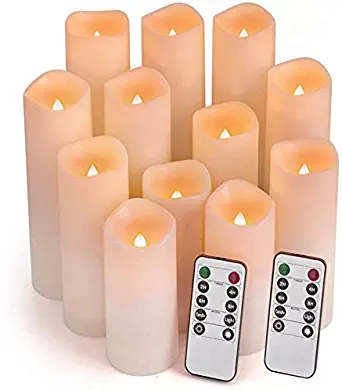 Comenzar Flameless Candles, Led Candles Set of 12(H 4" 5" 6" 7" x D 2.1") Outdoor Indoor Candles with Remote Timer (Made of Plastic)