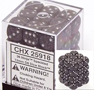 Chessex Dice d6 Sets: Ninja Speckled - 12mm Six Sided Die (36) Block of Dice