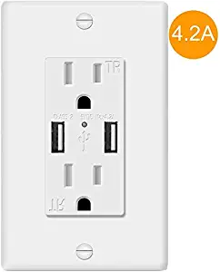 4.2A USB Wall Outlet, Wall Outlets with USB Charging Ports, 15 Amp 110V USB Outlet, Child Protected Tamper Resistant Outlet with USB Charger with Overcurrent Protection, White