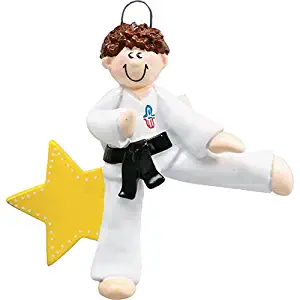 Personalized Karate Boy Christmas Tree Ornament 2019 - Brown Hair Martial Art Athlete Man Belt Kick Pose School Teacher Hobby Child Grand-Son Star Gift Year - Free Customization (Brunette Male)